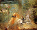 Red haired girl sitting on a veranda by Berthe Morisot — vintage oil painting wall art, Impressionism