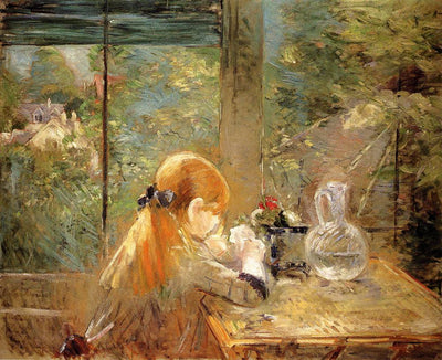 Red haired girl sitting on a veranda in kitchen