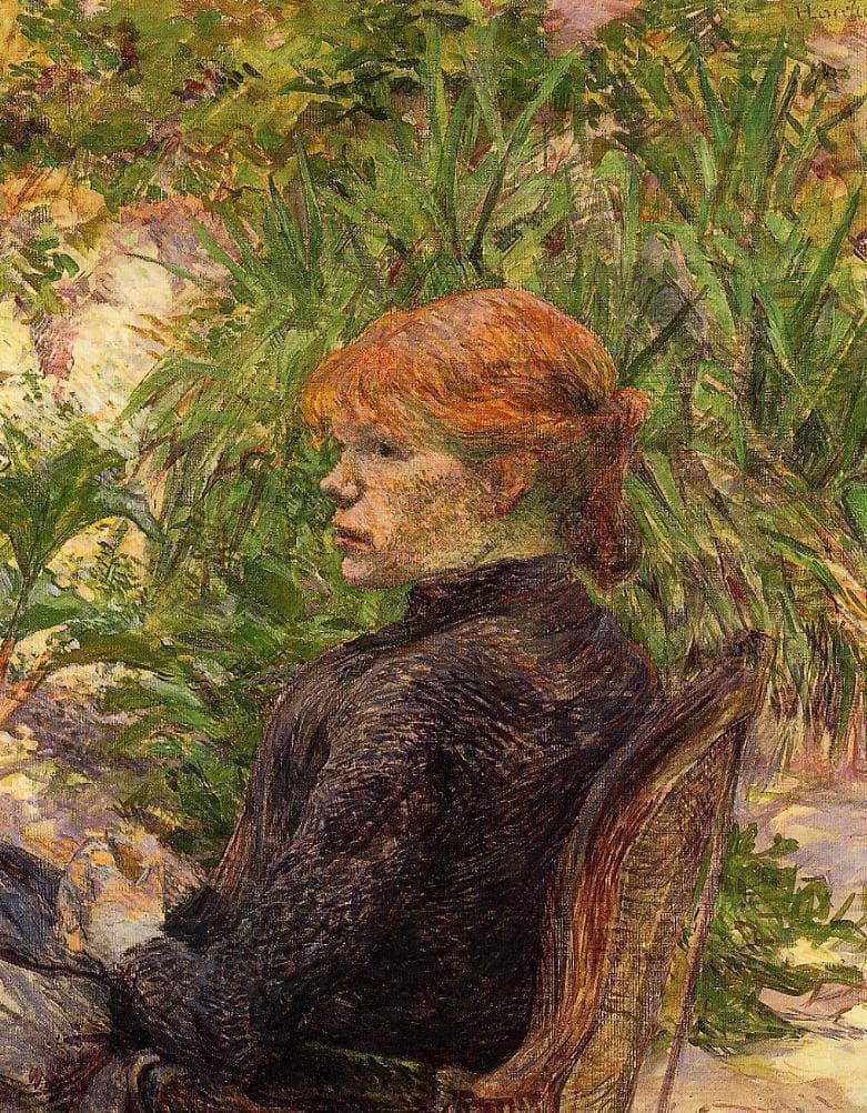 Red Haired Woman Seated in the Garden of M. Forest by Henri de Toulouse-Lautrec — hand-painted botanical oil painting reproduction on canvas