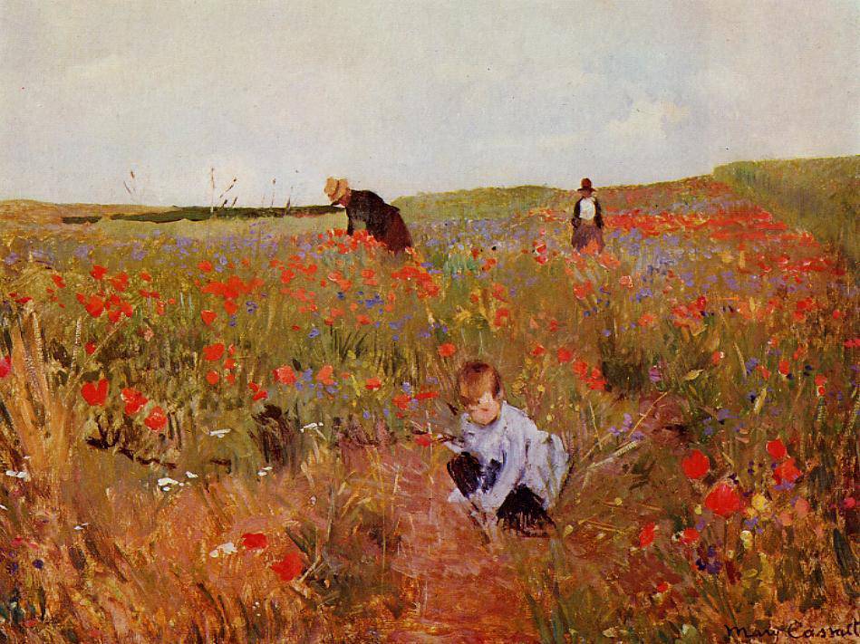 Red poppies by Mary Cassatt, hand-painted botanical oil painting reproduction on canvas