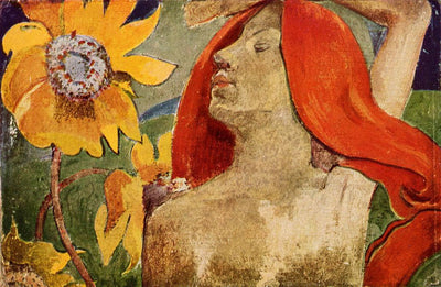 Redheaded woman and sunflowers in entryway