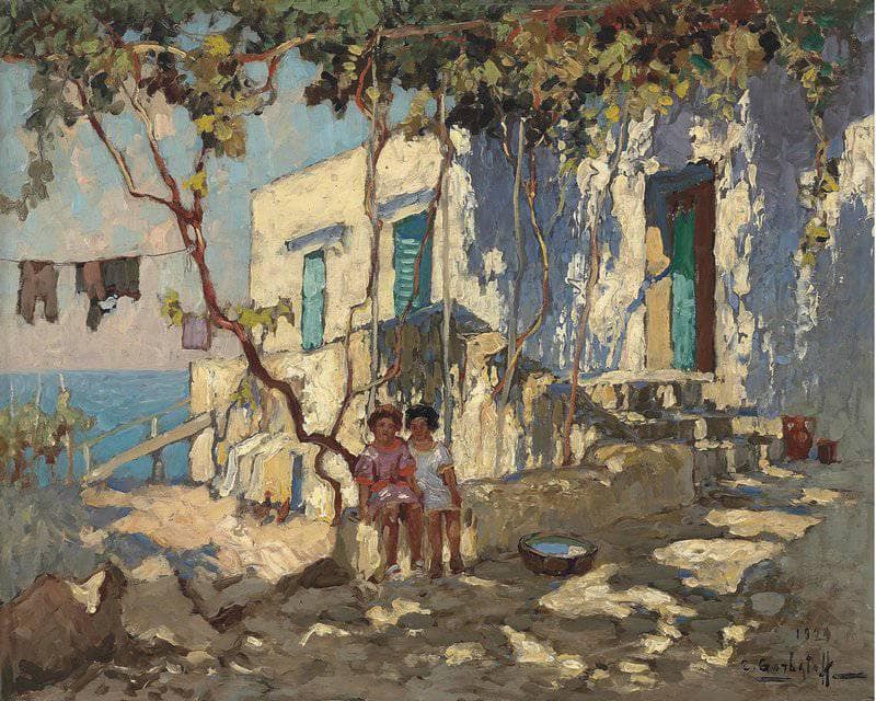 Resting in the Shadow. Capri by Konstantin Gorbatov — hand-painted architectural oil painting reproduction on canvas