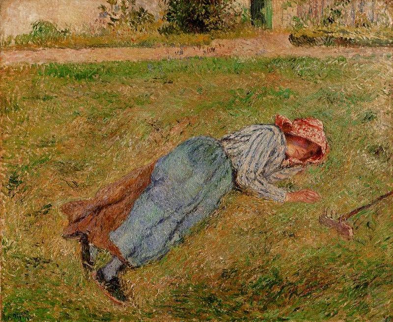 Resting, Peasant Girl Lying on the Grass, Pontoise by Camille Pissarro — hand-painted animal oil painting reproduction on canvas