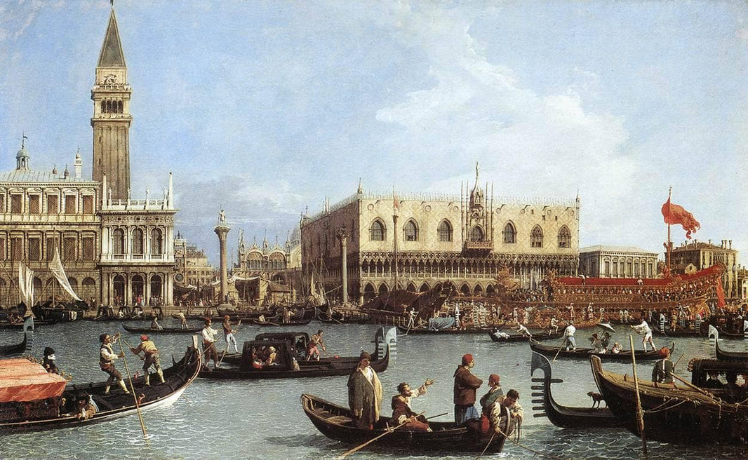 Return of the Bucentoro to the Molo on Ascension Day by Canaletto — hand-painted cultural oil painting reproduction on canvas