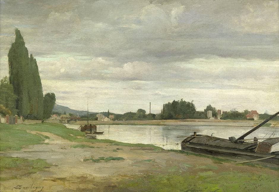 River landscape with barge moored by Charles-Francois Daubigny — hand-painted landscape oil painting reproduction on canvas