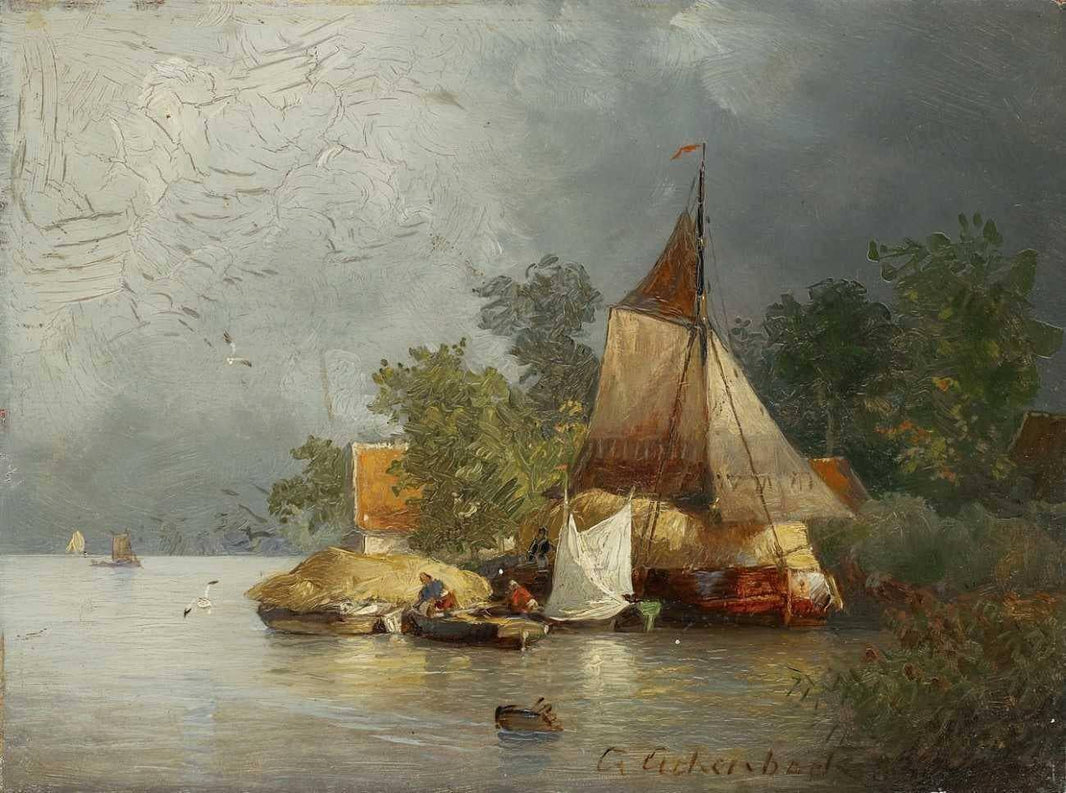 River landscape with barges by Andreas Achenbach — hand-painted landscape oil painting reproduction on canvas