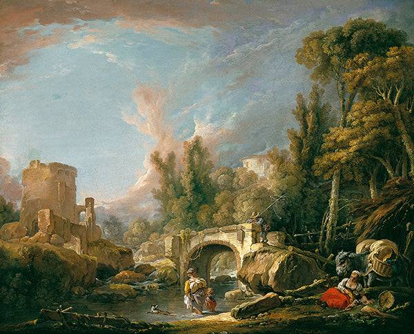 River Landscape with Ruin and Bridge - Francois Boucher