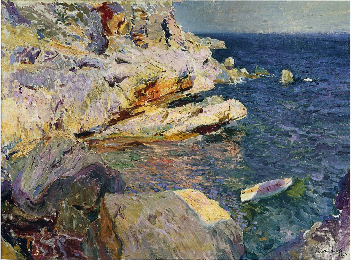 Rocks and white boat, Javea - Joaquín Sorolla