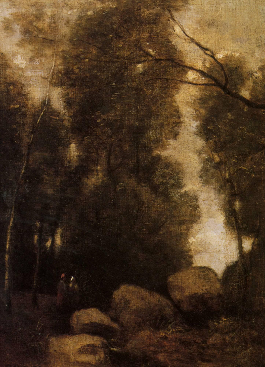 Rocks in a Glade by Camille Corot — hand-painted botanical oil painting reproduction on canvas
