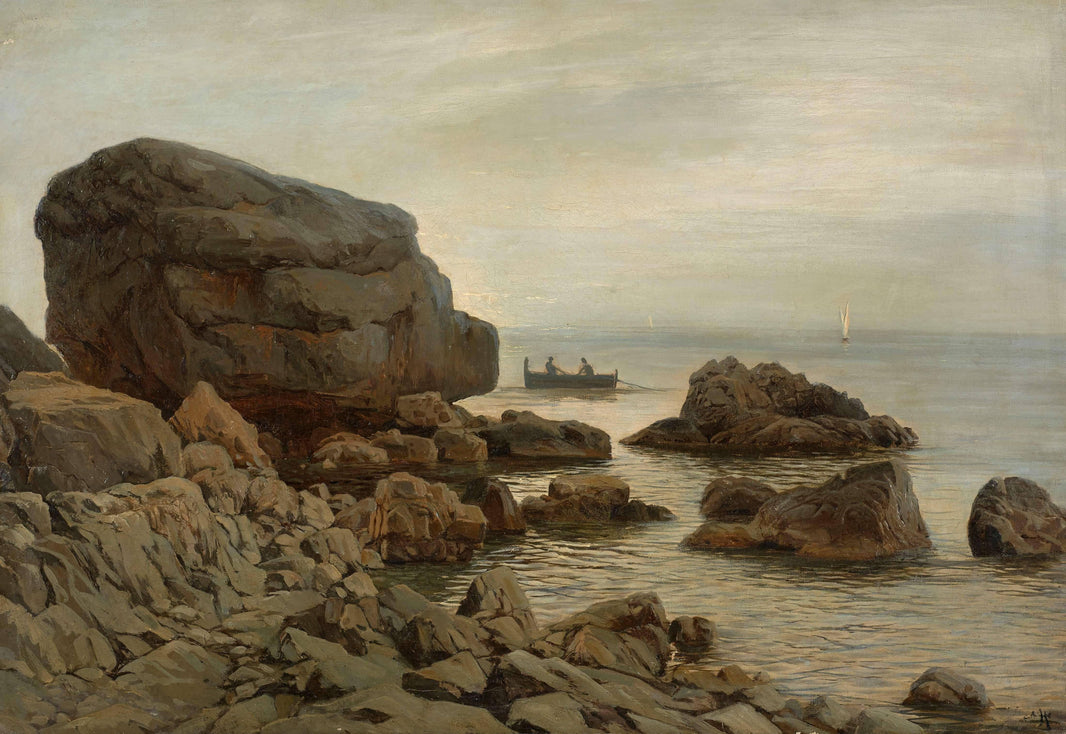 Rocks in Capri with a boat of fishermen by Harald Jerichau — hand-painted landscape oil painting reproduction on canvas