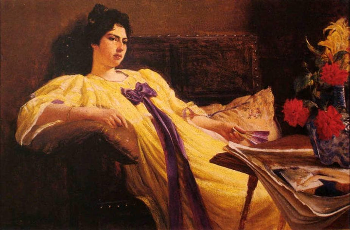 Portrait of a lady, yellow gown, purple scarf by Rodolfo Amoedo — hand-painted portrait oil painting reproduction on canvas
