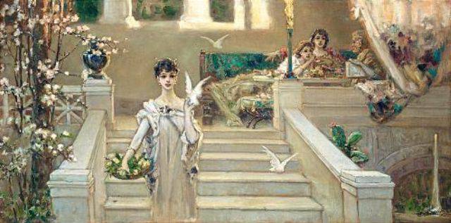 Roman Beauty with Doves by Wilhelm Kotarbinski, hand-painted cultural oil painting reproduction on canvas