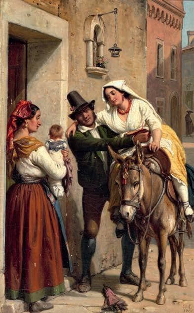 Roman street scene with mother and child greeting a couple