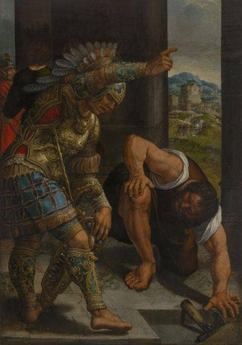Roman Warrior in Armor and Kneeling Servant
