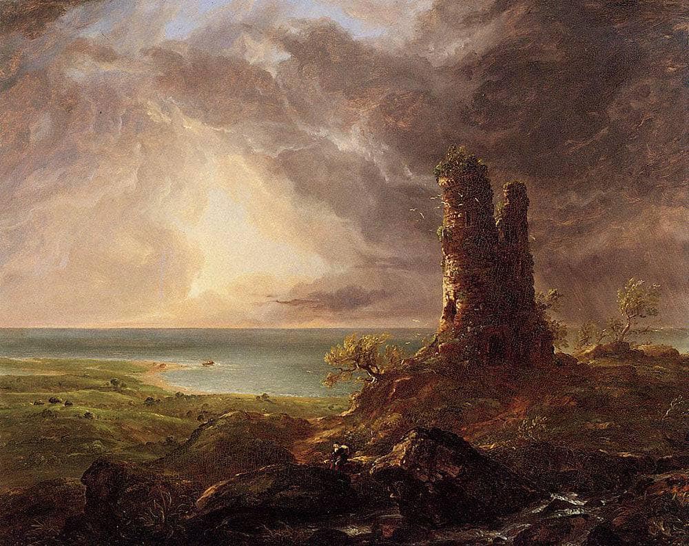 Romantic Landscape with Ruined Tower by Thomas Cole — hand-painted eco oil painting reproduction on canvas
