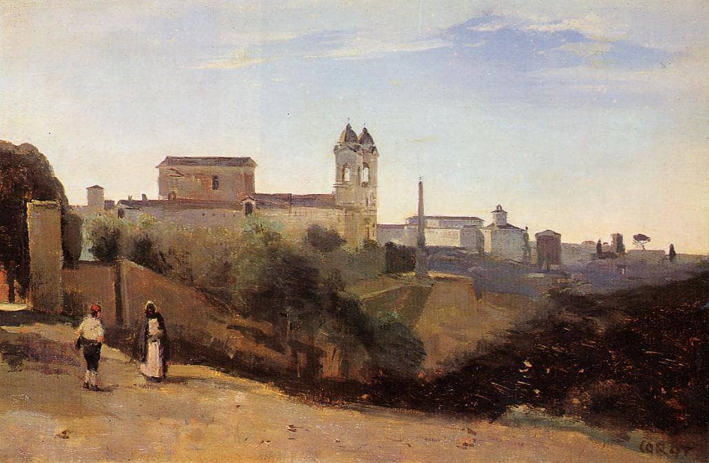 Rome, the Trinita dei Monti View from the Gardens of the Academie de France by Camille Corot — hand-painted architectural oil painting reproduction on canvas
