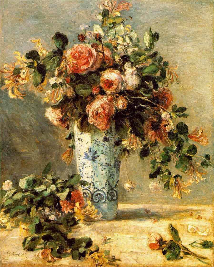 Roses and Jasmine in a Delft Vase - Pierre-Auguste Renoir