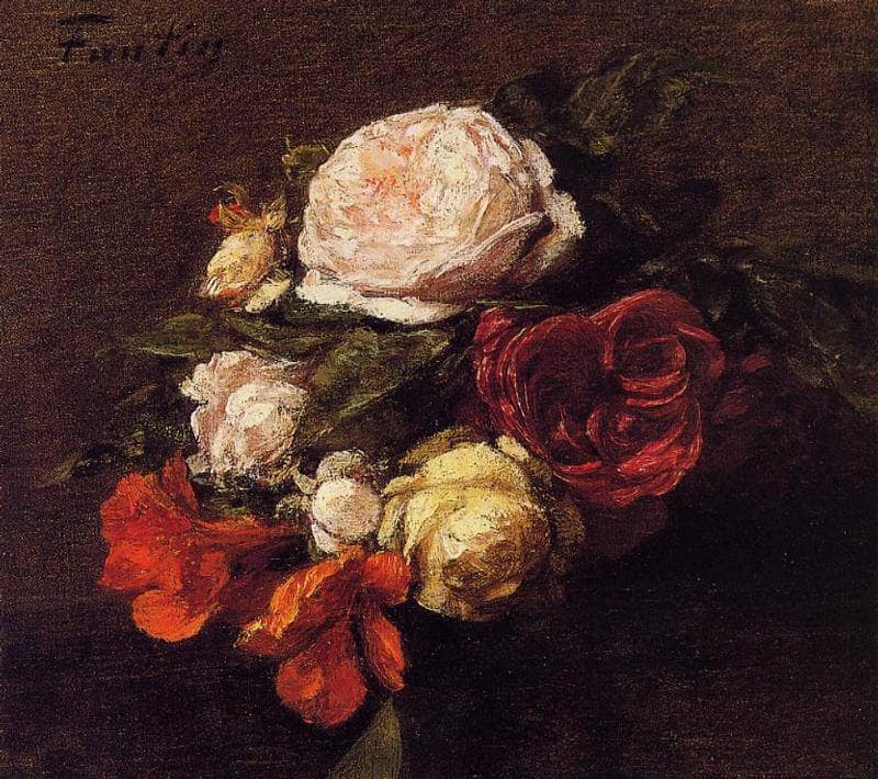 Roses and Nasturtiums by Henri Fantin-Latour — hand-painted botanical oil painting reproduction on canvas
