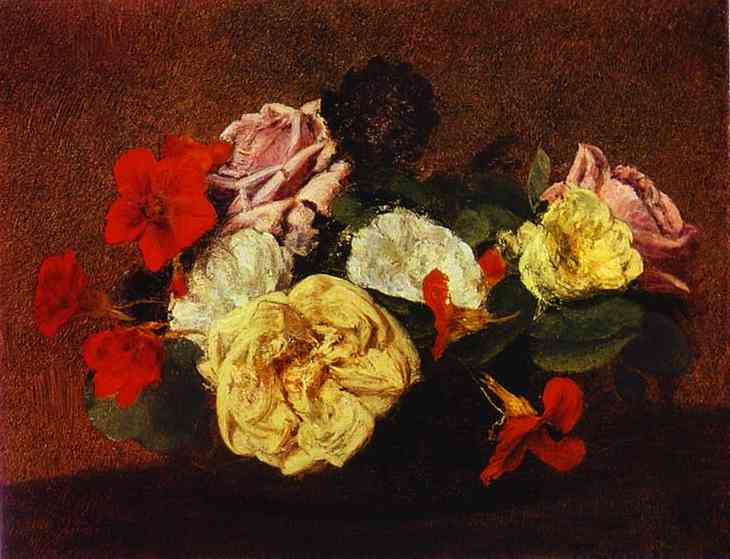 Roses and Nasturtiums in a Vase - Henri Fantin-Latour