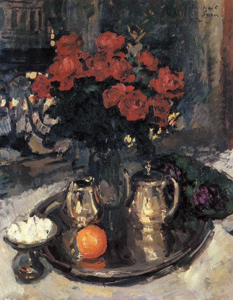 Roses and violets by Konstantin Korovin — hand-painted botanical oil painting reproduction on canvas