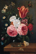 Roses, Cornflowers, a Poppy and a Tulip in a glass Vase on a Table with Moths, Beetles, a Caterpillar and Butterflies; and Roses, Jasmine, Convolvulus, Primula and a Tulip in a glass Vase on a Table with Butterflies and a Caterpillar by Jan van Kessel the Elder — hand-painted still oil painting reproduction on canvas