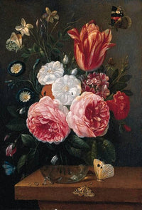 Roses, Cornflowers, a Poppy and a Tulip in a glass Vase on a Table with Moths, Beetles, a Caterpillar and Butterflies; and Roses, Jasmine, Convolvulus, Primula and a Tulip in a glass Vase on a Table with Butterflies and a Caterpillar by Jan van Kessel the Elder — hand-painted still oil painting reproduction on canvas