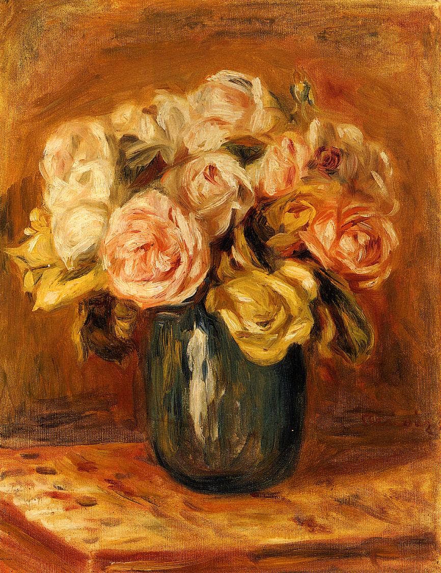 Roses in a Blue Vase by Pierre-Auguste Renoir — hand-painted botanical oil painting reproduction on canvas