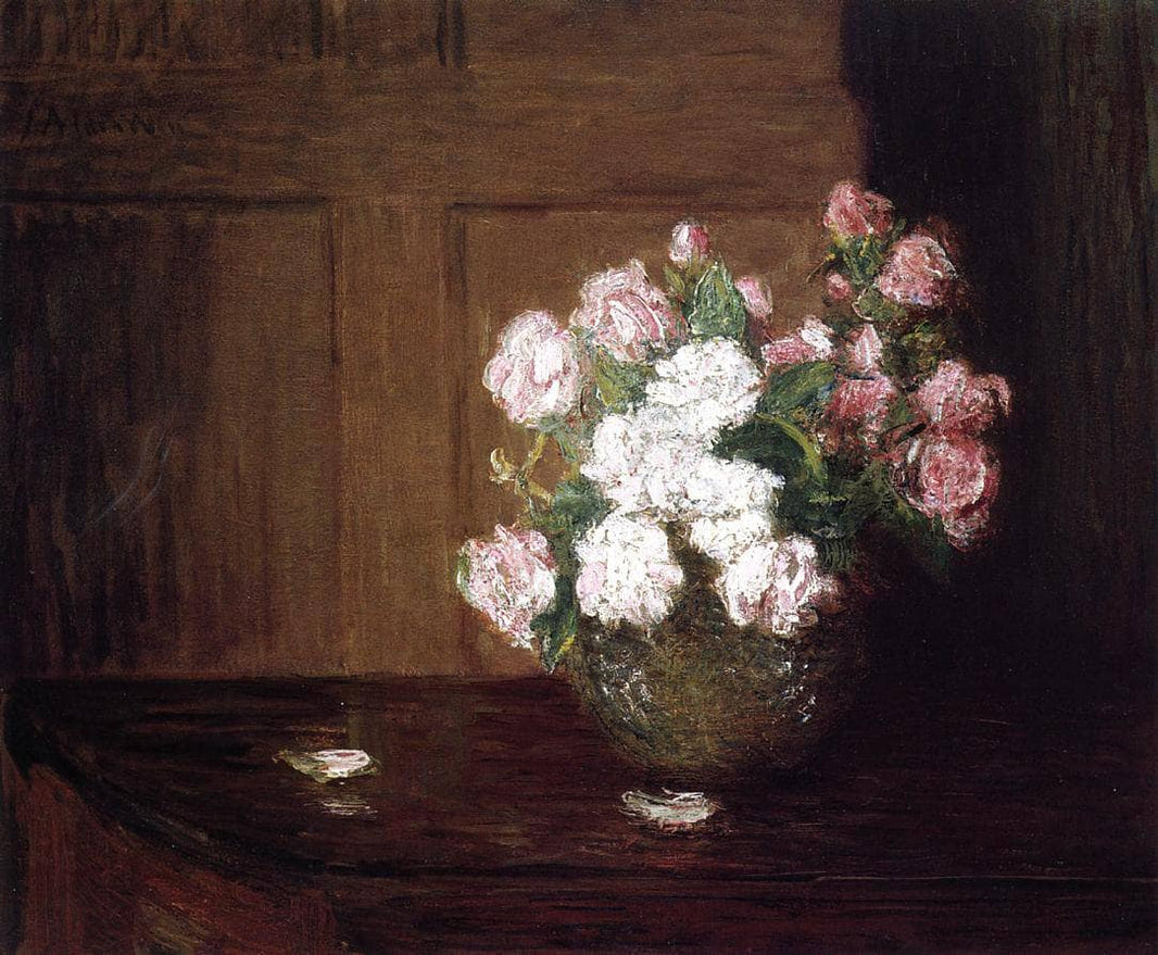 Roses in a Silver Bowl on a Mahogany Table by Julian Alden Weir — hand-painted botanical oil painting reproduction on canvas