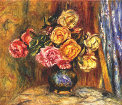Roses in front of a blue curtain in bedroom