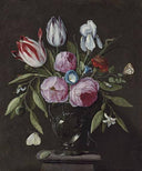 Roses, tulips, an iris and other flowers, in a glass vase on a stone plinth, with butterflies and other insects by Jan van Kessel the Elder — hand-painted still oil painting reproduction on canvas
