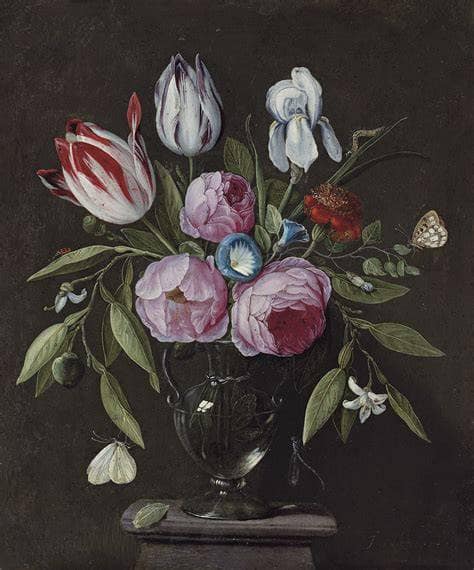 Roses, tulips, an iris and other flowers, in a glass vase on a stone plinth, with butterflies and other insects