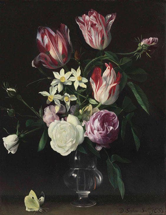 Roses, tulips, and narcissi in a glass vase, with a butterfly, on a ledge