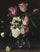 Roses, tulips, and narcissi in a glass vase, with a butterfly, on a ledge in living room