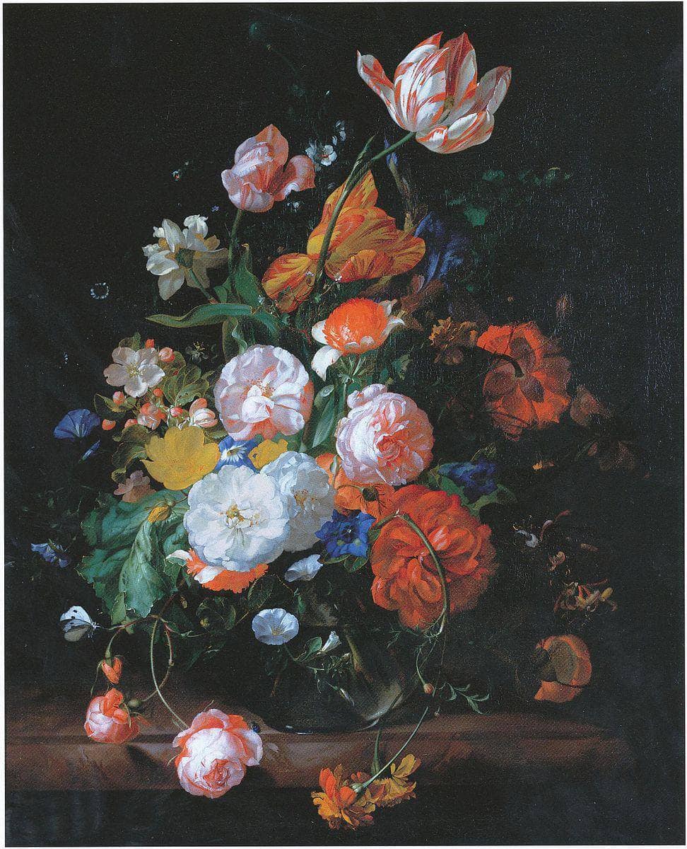 Roses, Tulips and Other Flowers in a Glass Vase on a Marble Ledge by Rachel Ruysch — hand-painted botanical oil painting reproduction on canvas