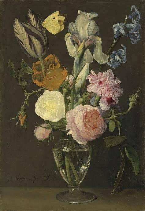 Roses, tulips, irises and other flowers in a glass vase with a cabbage white butterfly by Daniel Seghers — hand-painted still oil painting reproduction on canvas
