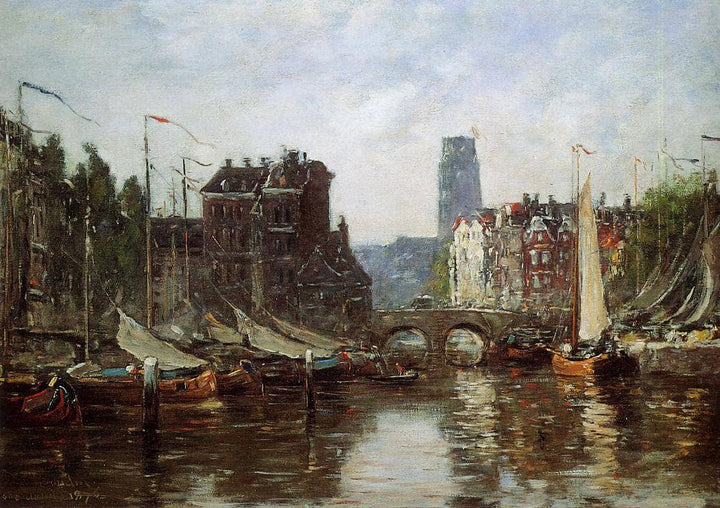 Rotterdam, Le Pont de Bourse by Eugene Boudin — hand-painted architectural oil painting reproduction on canvas