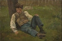 Young Boy at the Foot of a Tree by Jules Breton — hand-painted portrait oil painting reproduction on canvas