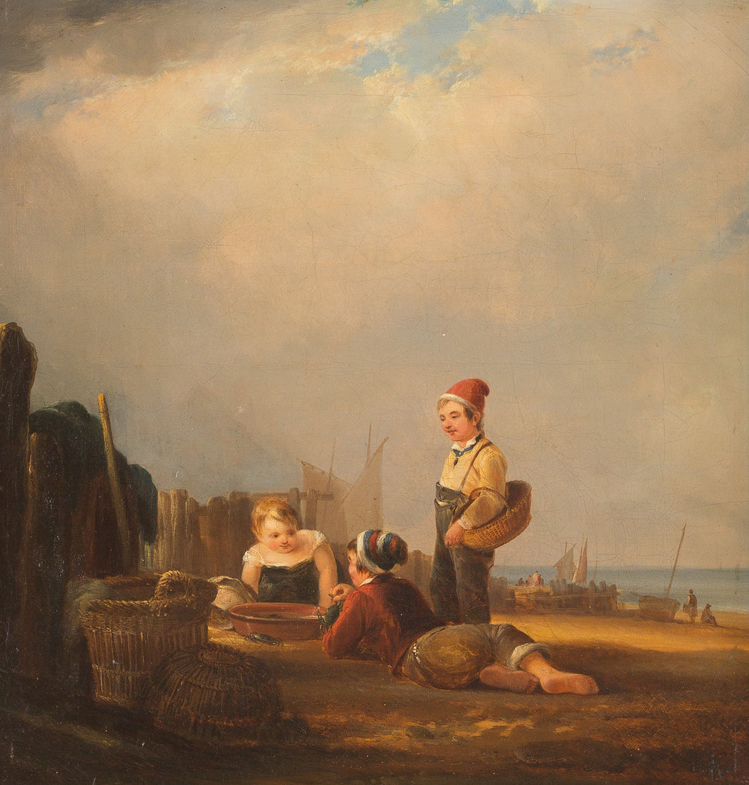 Young fishermen play with the catch by Rudolf Jordan — hand-painted animal oil painting reproduction on canvas