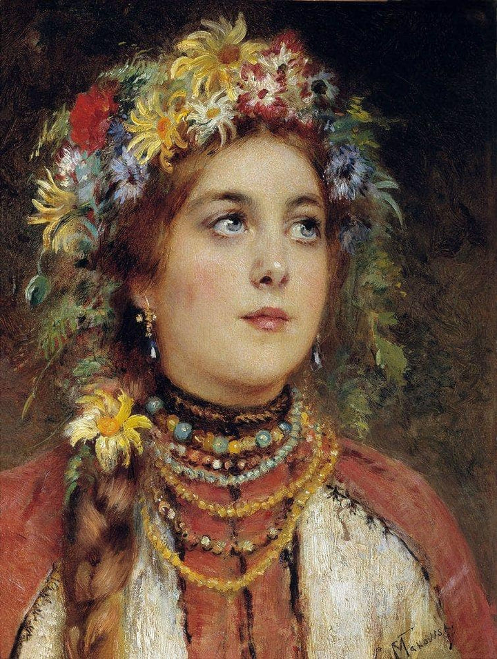 Russian Beauty in Summer Garland by Konstantin Makovsky — hand-painted portrait oil painting reproduction on canvas