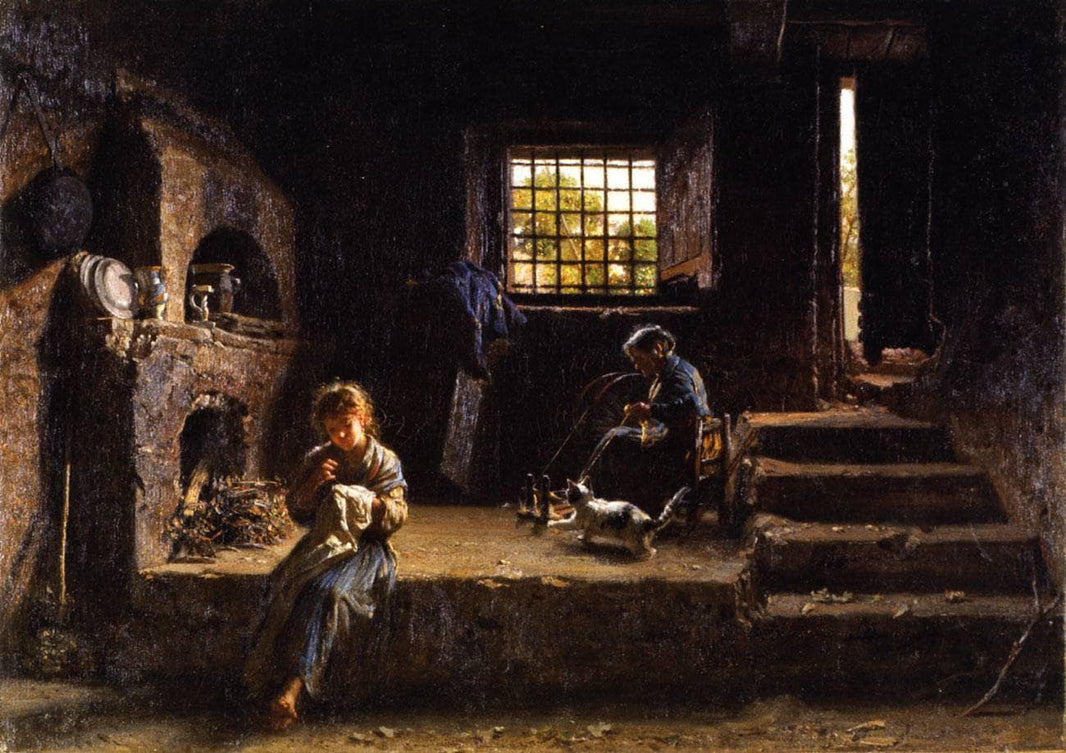 Rustic interior with peasant women by Filippo Palizzi — hand-painted architectural oil painting reproduction on canvas