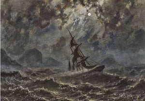 Sailboat on stormy sea under full moon - Knud Baade