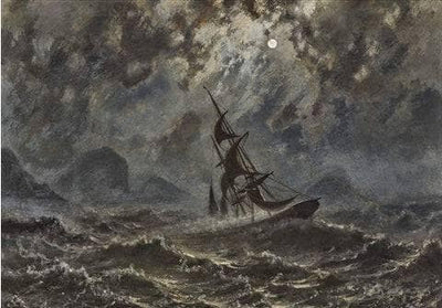 Sailboat on stormy sea under full moon in bedroom