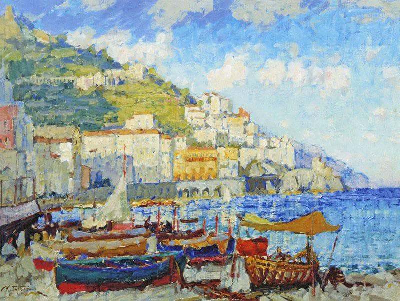 Sailboats in the Harbor by Konstantin Gorbatov — hand-painted landscape oil painting reproduction on canvas