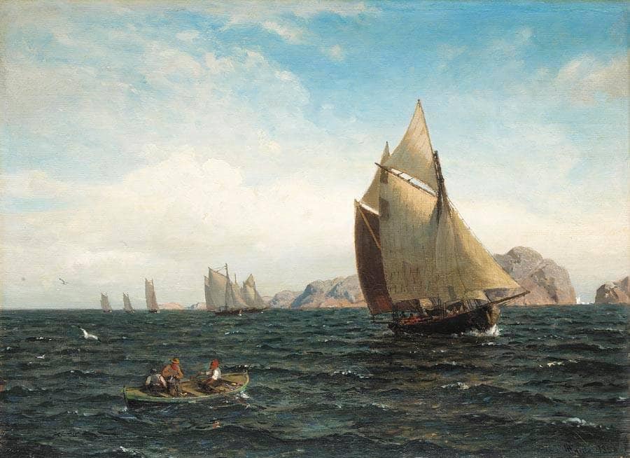 Sailboats on the Fjord by Hans Gude — hand-painted nautical oil painting reproduction on canvas
