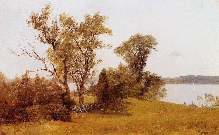Sailboats on the Hudson at Irvington by Albert Bierstadt — hand-painted botanical oil painting reproduction on canvas