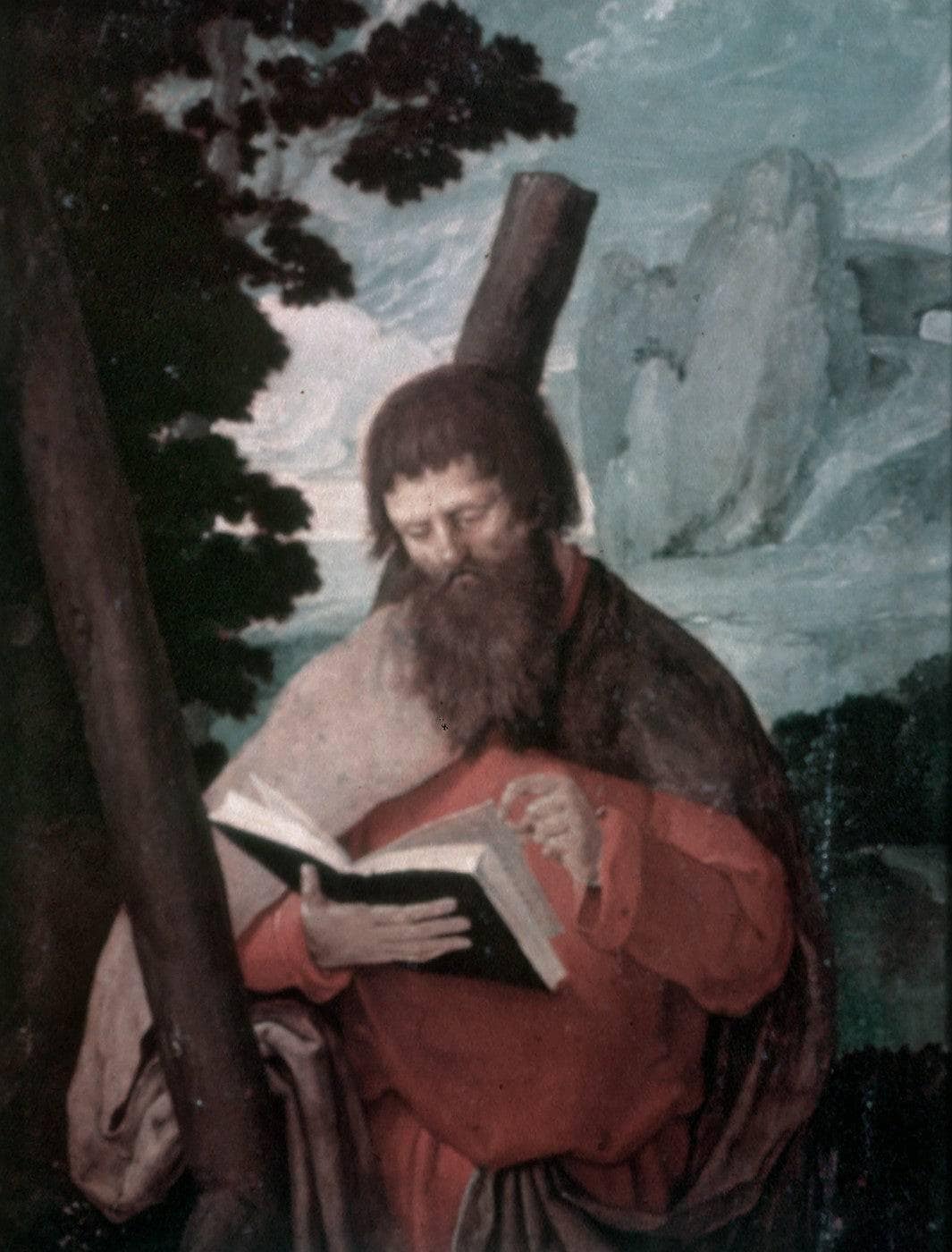 Saint Andrew in half figure, in front of a landscape by Lucas van Leyden — hand-painted portrait oil painting reproduction on canvas