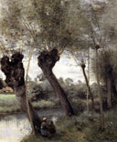 Saint Nicholas les Arras, Willows on the Banks of the Scarpe by Camille Corot — lake oil painting wall art, Realism