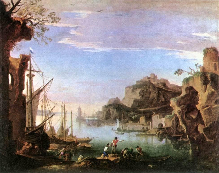 Harbour with Ruins by Salvator Rosa — hand-painted landscape oil painting reproduction on canvas