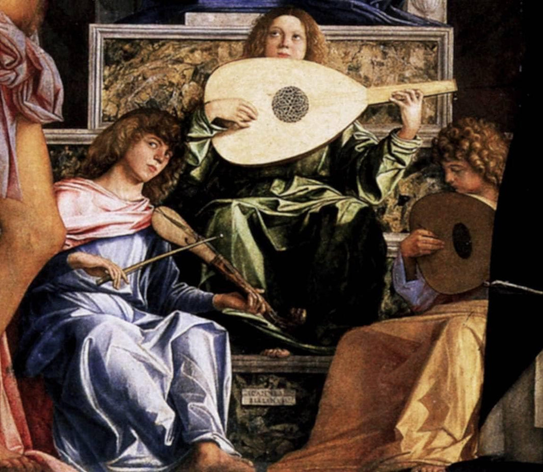San Giobbe Altarpiece - detail of Music Making Angels by Giovanni Bellini — hand-painted cultural oil painting reproduction on canvas