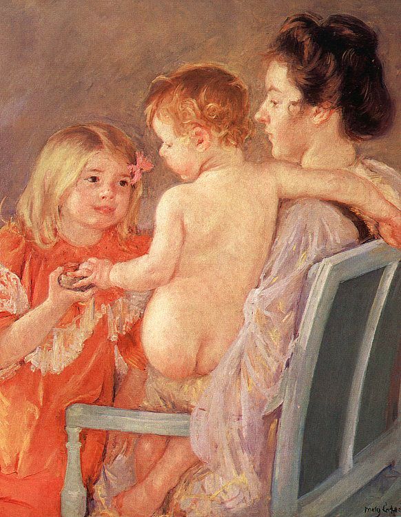 Sara Handing a Toy to the Baby by Mary Cassatt, hand-painted portrait oil painting reproduction on canvas